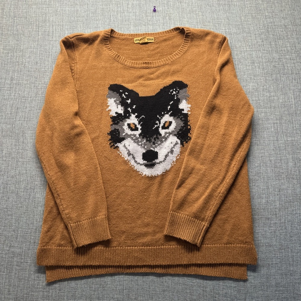 Love By Design Fox Sweater Women L Orange Good Animal Knit Graphic Pullover